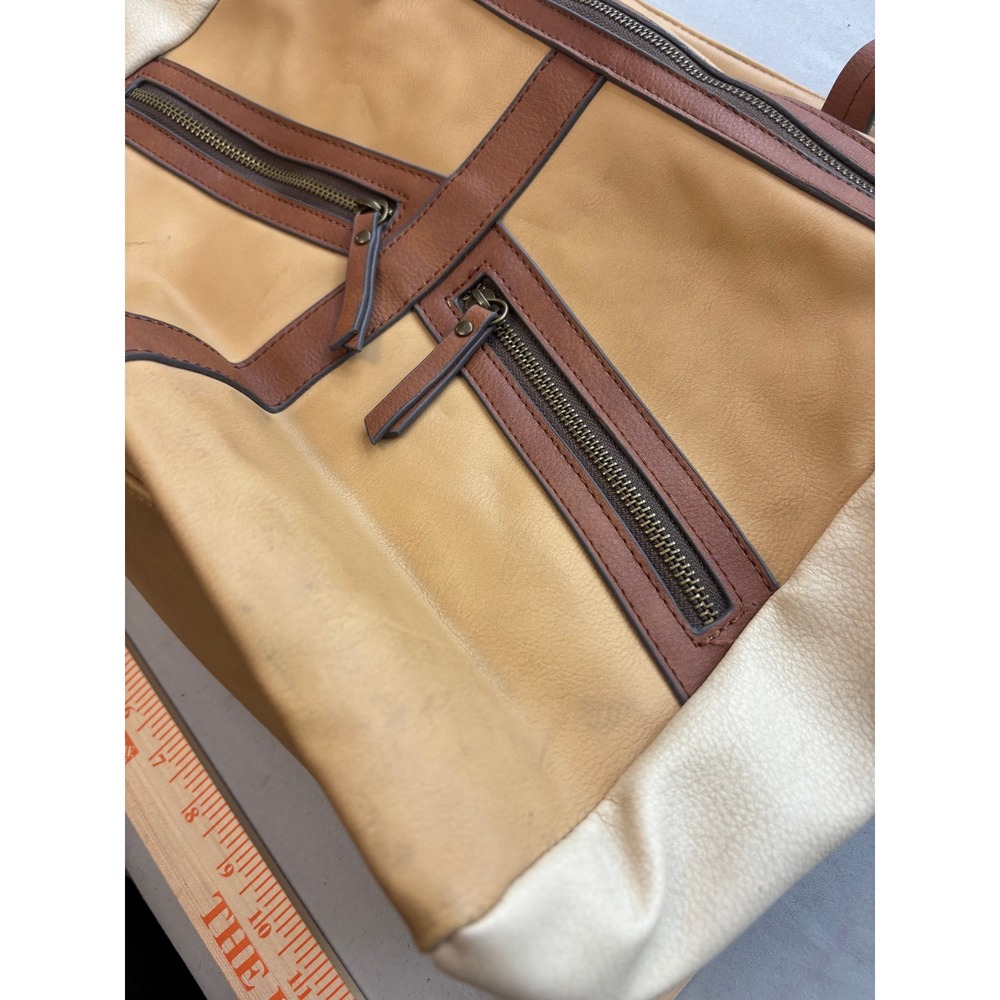 Colorblock Faux Leather Tote Bag Tan Brown Multi-Zip Shoulder Bag Carryall